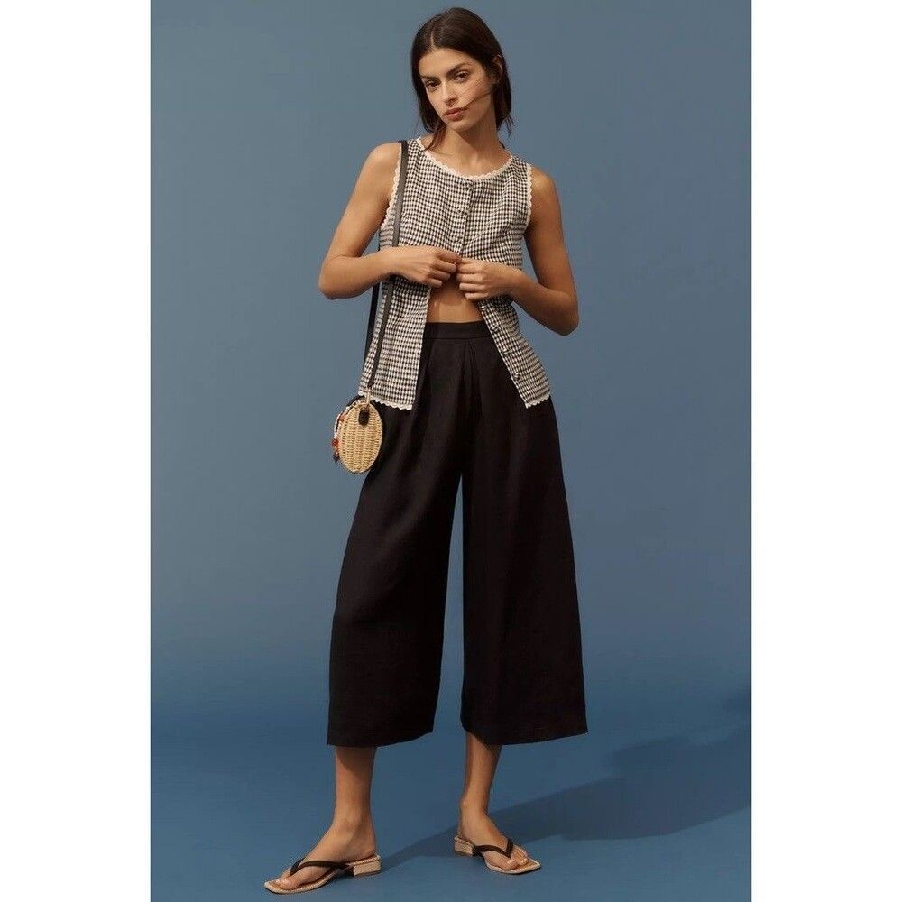 Anthropologie Linen Pleated Culotte Trouser Pants Black Large L NWT